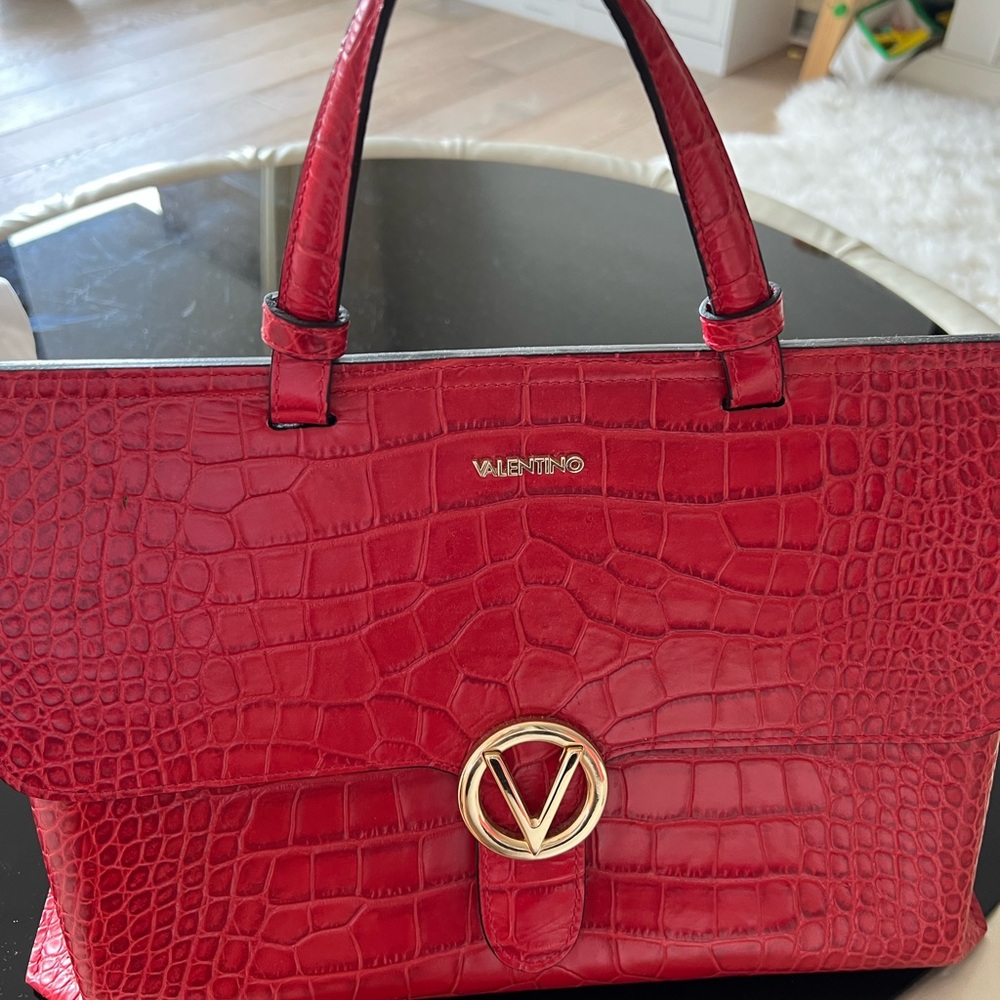 Valentino by Mario Valentino Red Croc-Embossed Leather Tote